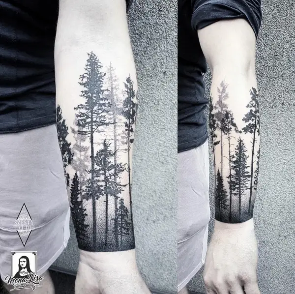 Tattoo uploaded by Jure Ickx  forest foresttattoo trees dark  blackandgreytattoo blackworktattoo naturetattoo legtattoo legsleeve   Tattoodo