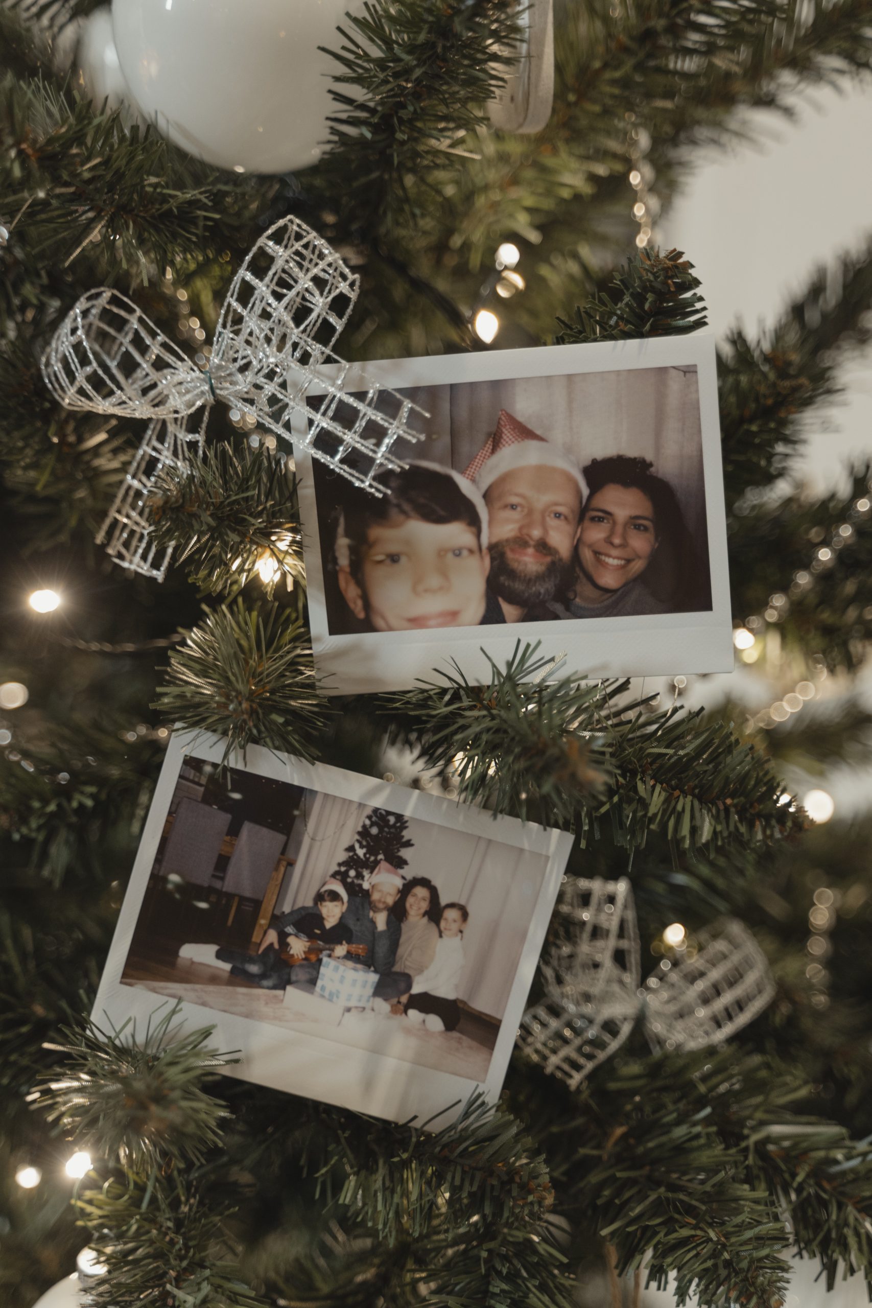 A Christmas tree featuring white ribbons and photographs as its decorative elements.