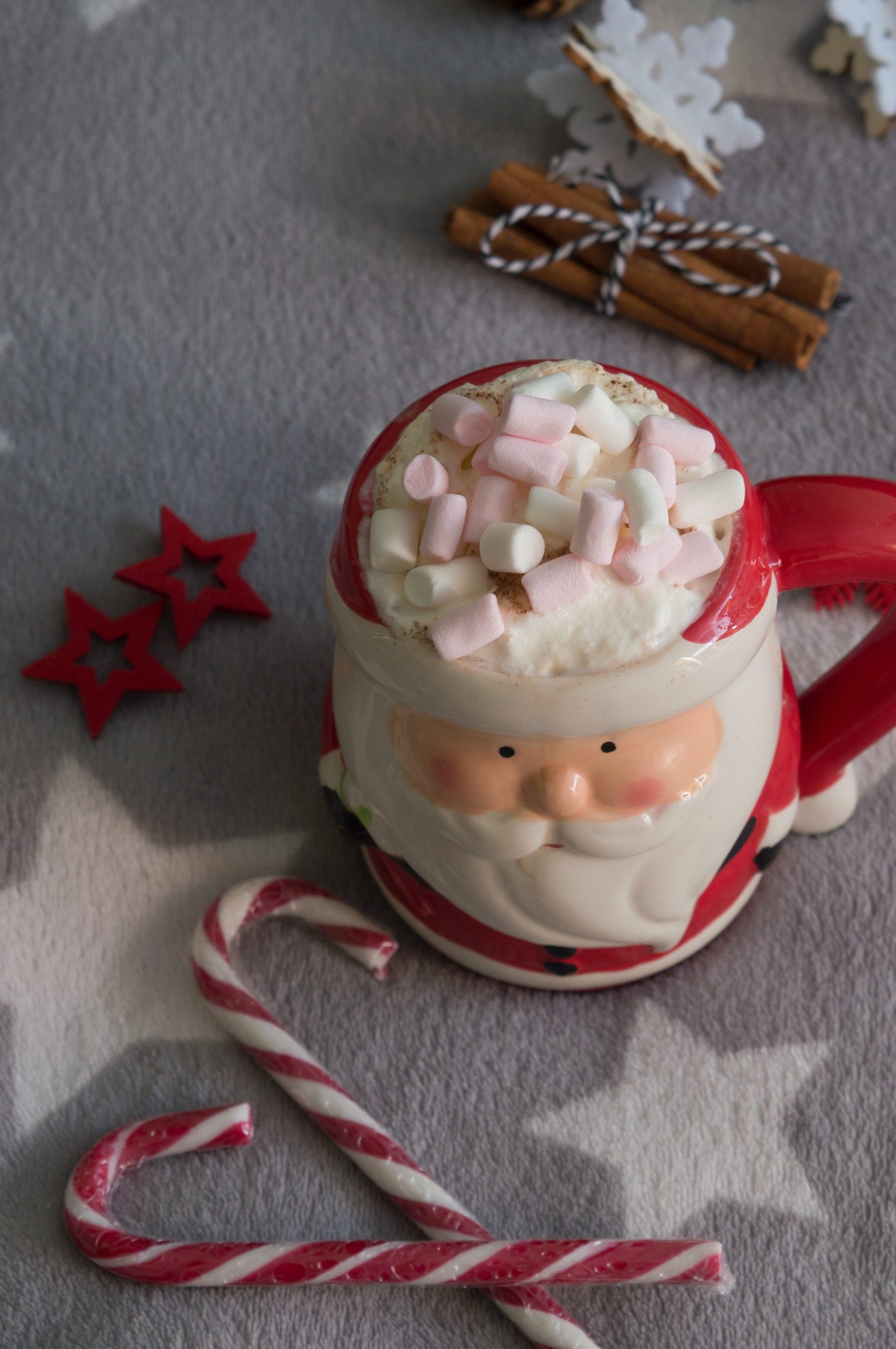 Santa Claus mug full of hot chocolate and marshmallows