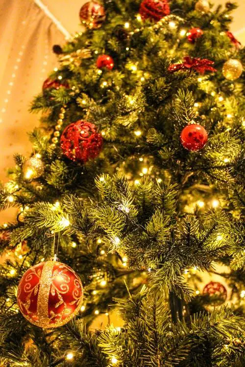 Shiny gold and red decorations hanging on a Christmas tree.