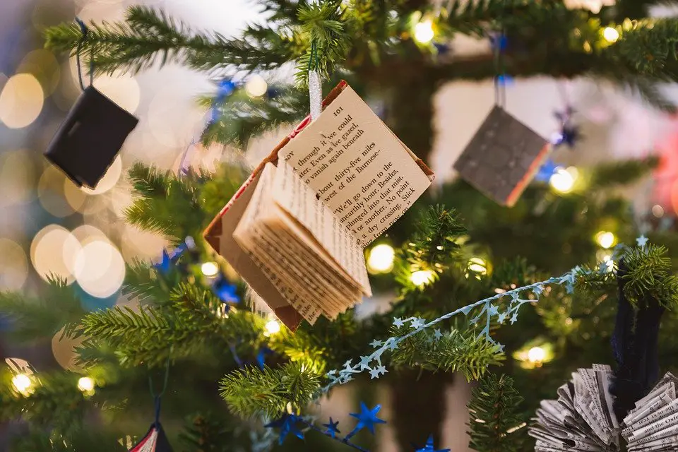 Miniature version of a favorite book A miniature book decoration hanging from a Christmas tree.