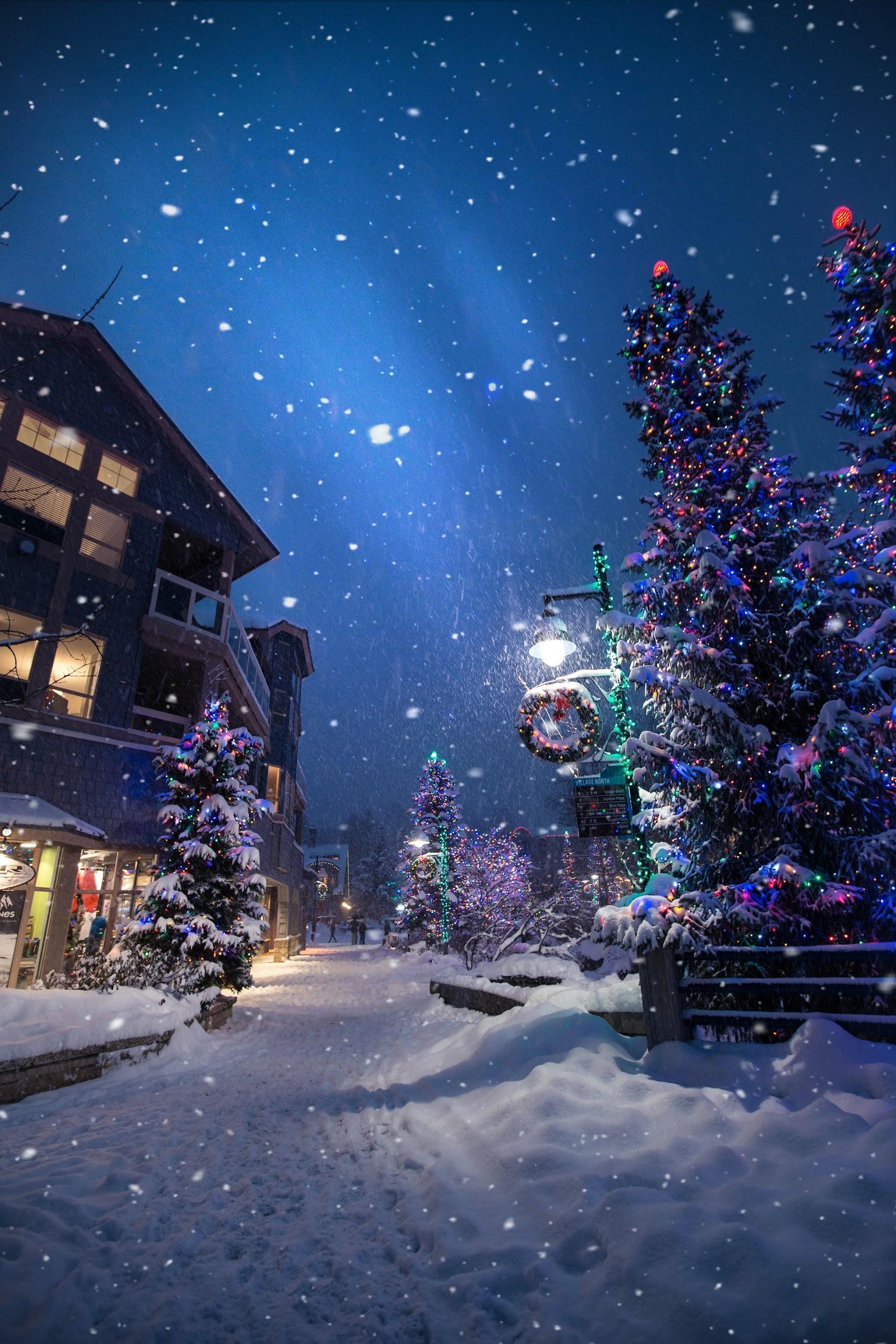 A village lit up with Christmas decorations and snow