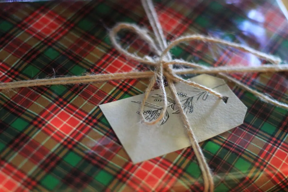 A gift wrapped in buffalo plaid Christmas wrapper.