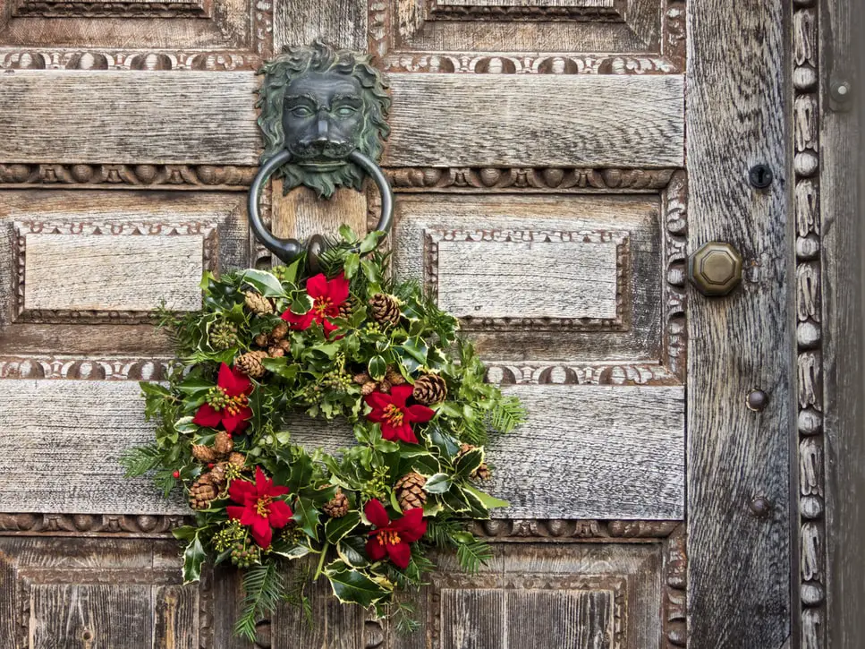 christmas wreath green and red Rustic Christmas wreath with poinsettia