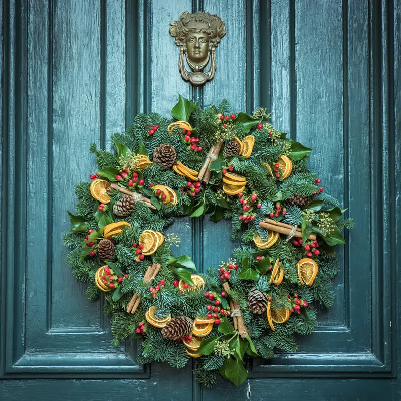 colorful christmas wreath Wood and leaves rustic Christmas wreath