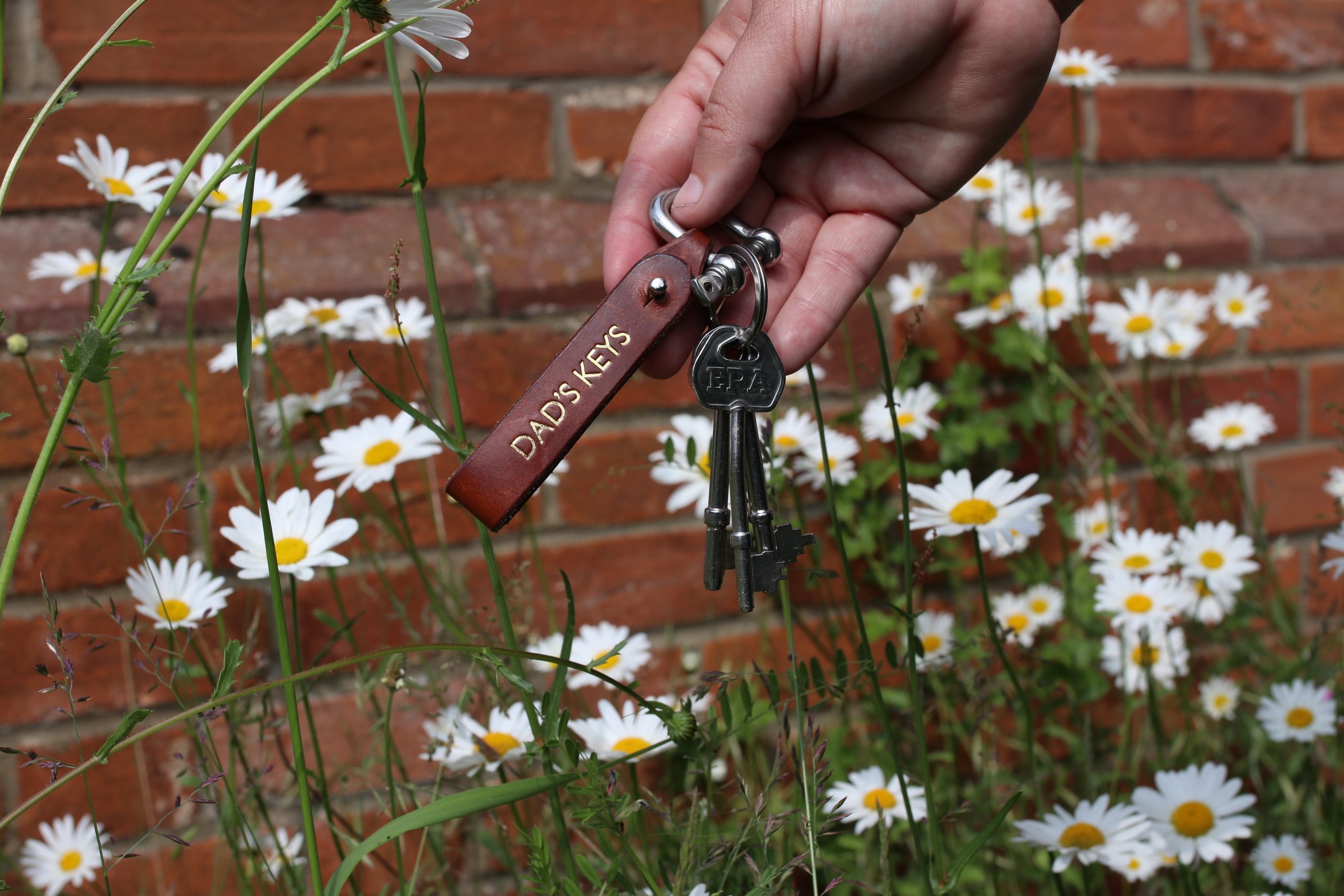 Keys on key chain and flowers A hand holding a key chain that says DAD’S KEYS; flowers in the background.
