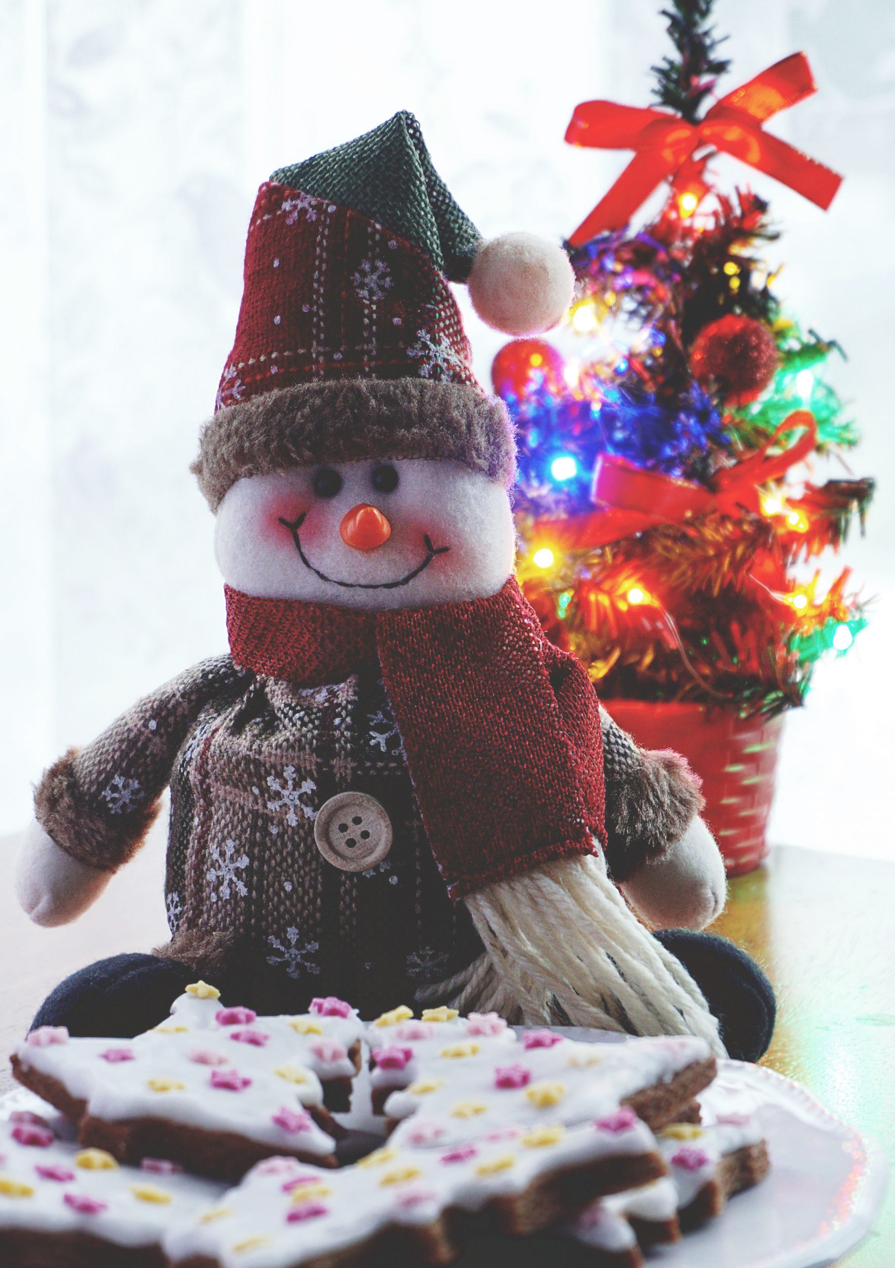 An iPhone wallpaper of a dressed up snowman with a hat and shawl