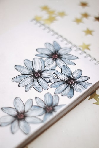 The page of a journal that has five white flowers drawn and golden stars set against a white background