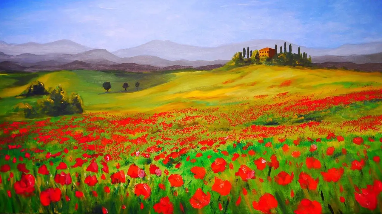 Painting showing red flowers, far away from trees, castle, and hills