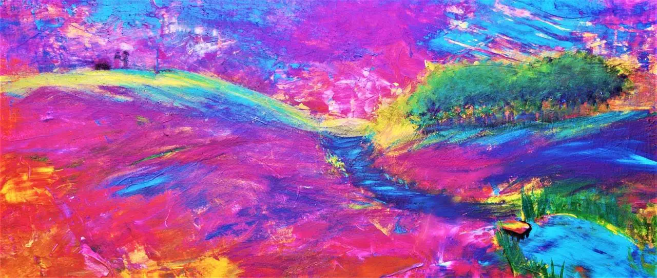 Landscape through a mix of colors on a board - pink, blue, green, red, yellow