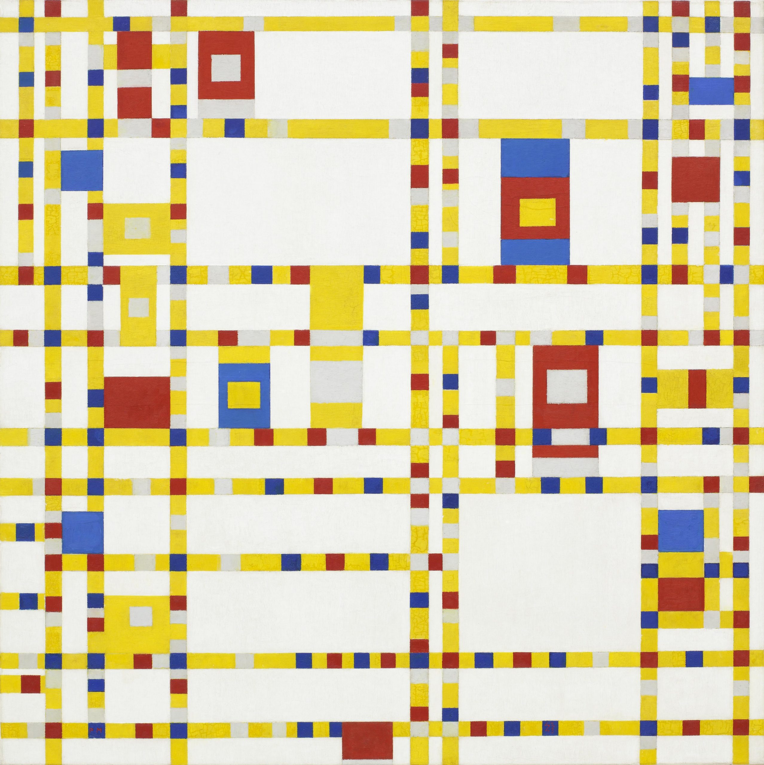 Broadway Boogie Woogie is a mathematical artistic work by Piet Mondrian that uses basic structures like the straight lines, and fundamental tones.