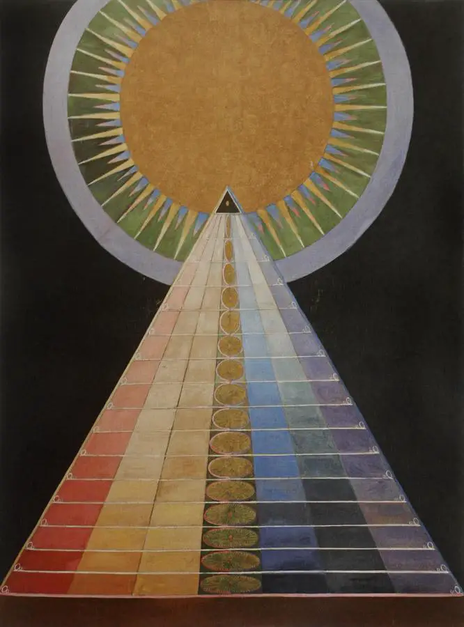 the abstract painting Group X, altarpiece 1 by Hilma Af Klint representing the feminine power and many abstract concepts in its mix.