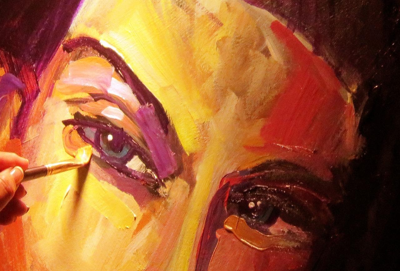 Beautiful close-up painting of the eyes of a person, with a brushstroke depicting that it is a painting