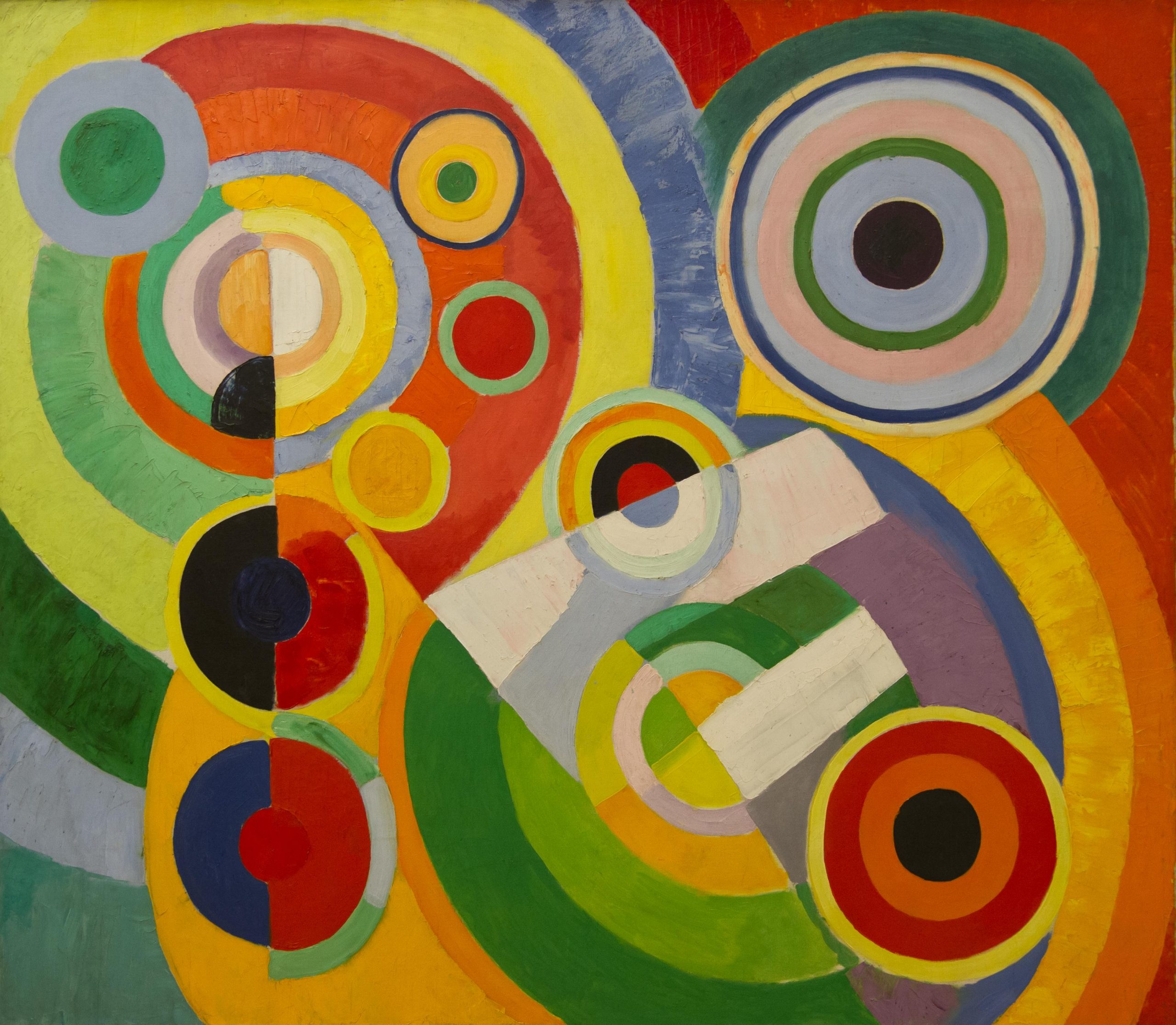 Rythme, Joie De Vivre is an abstract painting that represents the artist’s pictorial language that conveys shadings through concurrent differentiation.