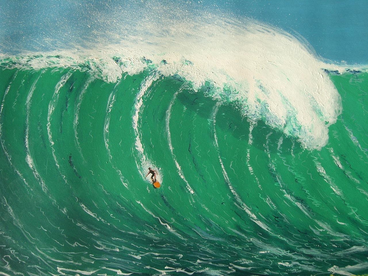 An individual surfing amidst the high tide waves